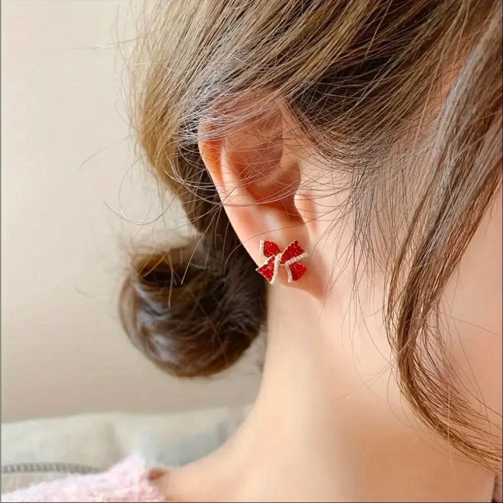 Red Garnet Bow Stud Earrings Simulated Gemstone 14K Gold Plated NWT